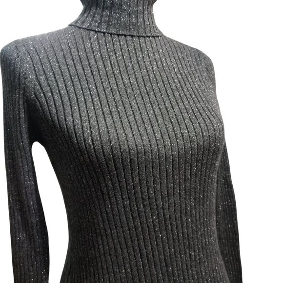 Chicos 0 Small Black Gray Silver Ribbed Metallic Turtleneck Long Sleeve Sweater - Picture 2 of 9